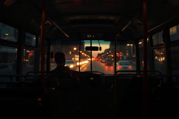 Interior de ônibus urbano ao entardecer, visto do corredor, com o motorista de costas ao volante