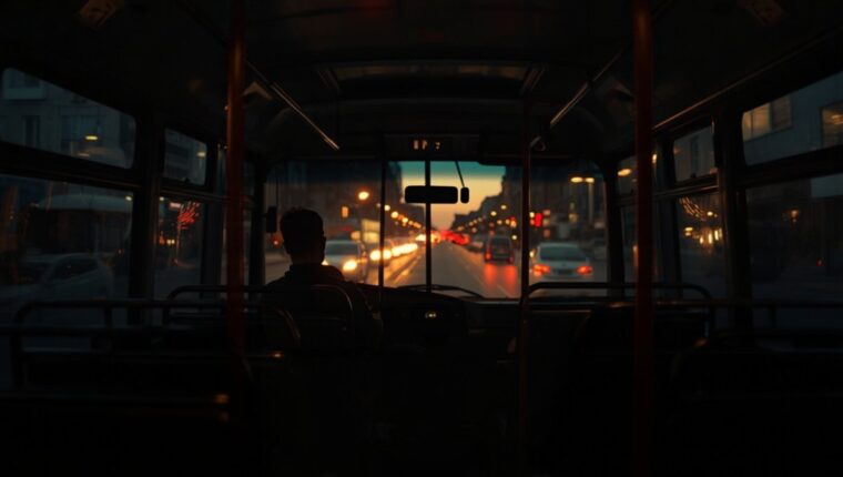 Interior de ônibus urbano ao entardecer, visto do corredor, com o motorista de costas ao volante